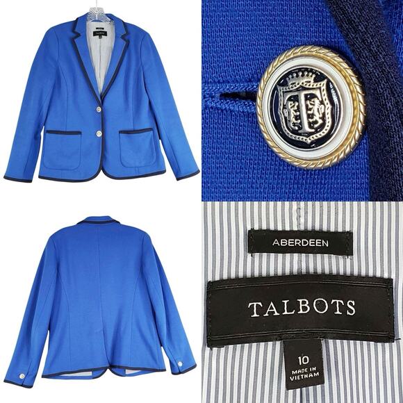 Talbots Blazer Jacket Womens Size 10 Stretch Knit Button Blue Lined Aberdeen - Picture 1 of 9
